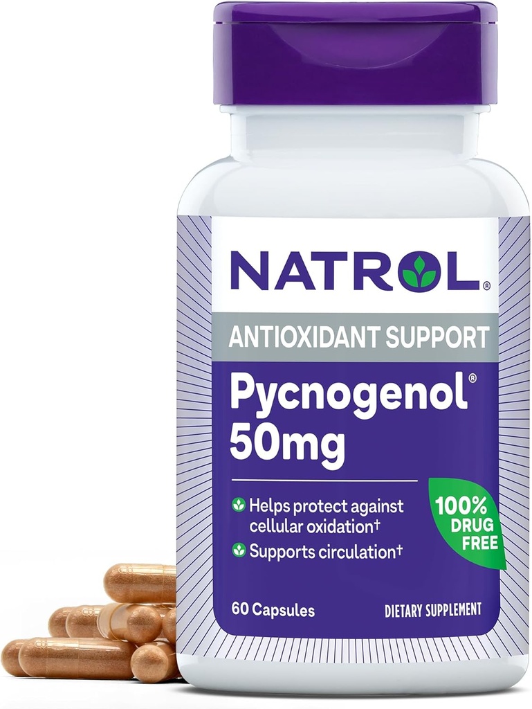 Natrol Pycnogenol Capsules, Antioxidant Protection, Supplement Protects Against Cellular Oxidation and Age-Related Damage, European Maritime Pine Bark Extract, Supports Circulation, 50 mg, 60 Count