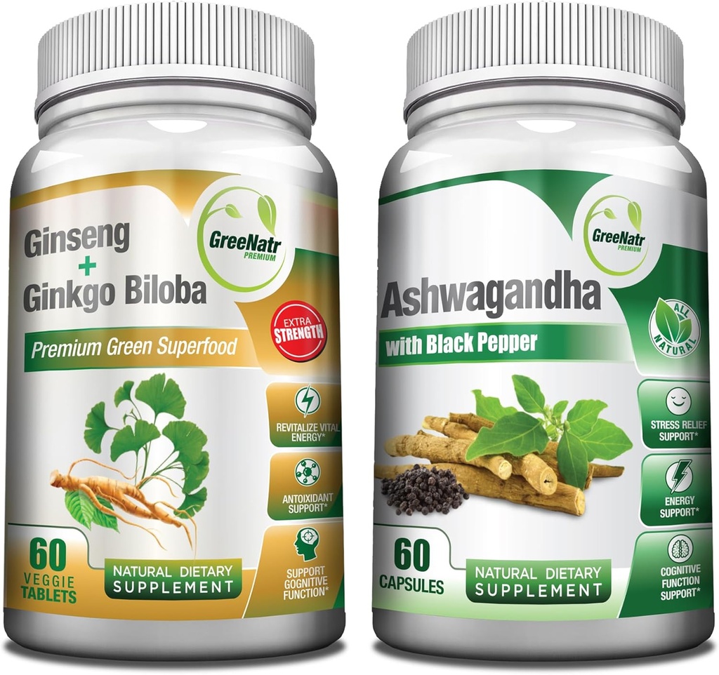 GreeNatr Premium Bundle for Holistic Well-Being: Βιολογικές κάψουλες Ashwagandha, με Μαύρο πιπέρι για ανακούφιση από το στρες, Plus Ginseng + Ginkgo Biloba Tablets, ένα Παραδοσιακό Ενισχυτικό Ενέργειας.