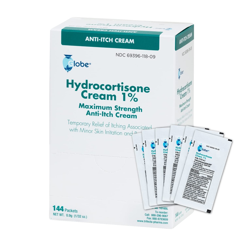 Globe (Box 144 Hydrocortisone 1% Maximum Strength Cream, (0.9g Single Packet) Anti-Itch Cream for Redness, Swelling, Iching, Rash, Bug/Mosquito Bites, Eczema, Hemorrhoids & More
