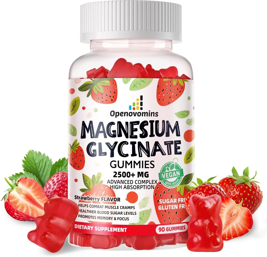 Γλυκινικό Μαγνήσιο Glycinate Gummies 2500mg - Συμπλήρωμα μαγνησίου χωρίς ζάχαρη με βιταμίνη D, B6, CoQ10 για υποστήριξη ηρεμίας & ύπνου - 90 Gummies Φράουλα