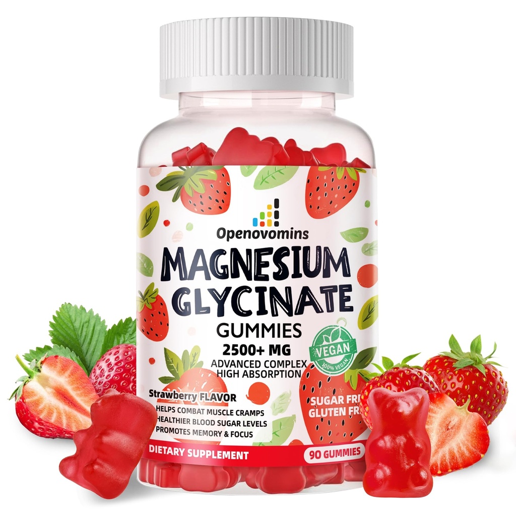 Γλυκινικό Μαγνήσιο Glycinate Gummies 2500mg - Συμπλήρωμα μαγνησίου χωρίς ζάχαρη με βιταμίνη D, B6, CoQ10 για υποστήριξη ηρεμίας & ύπνου - 90 Gummies Φράουλα