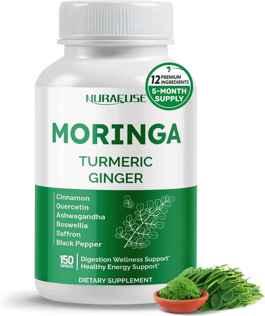 Moringa 12-σε-1 Συμπλήρωμα με Turmeric Cinnamon Quercetin Ashwagandha Ginger Boswellia Nettle Saffron Tart Cherry Σκόρδο - Κατασκευασμένο στις ΗΠΑ