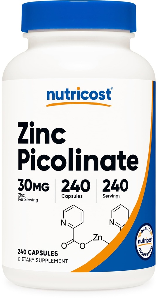 Nutricost Ψευδάργυρος Picolinate 30mg, 240 κάψουλες - Χωρίς γλουτένη και μη ΓΤΟ