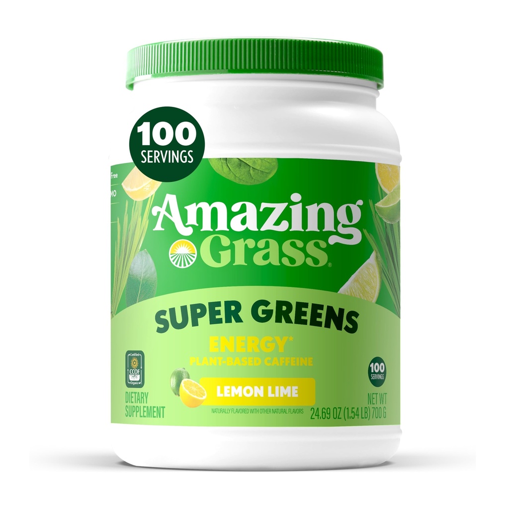 Amazing Grass Green Superfood Ενέργεια: Super Greens σκόνη & Plant Based καφεΐνη με πράσινο τσάι, Beet Root σκόνη & flax Σπόροι, λεμόνι Lime, 100 εξυπηρετούν (Packaging May Vary)