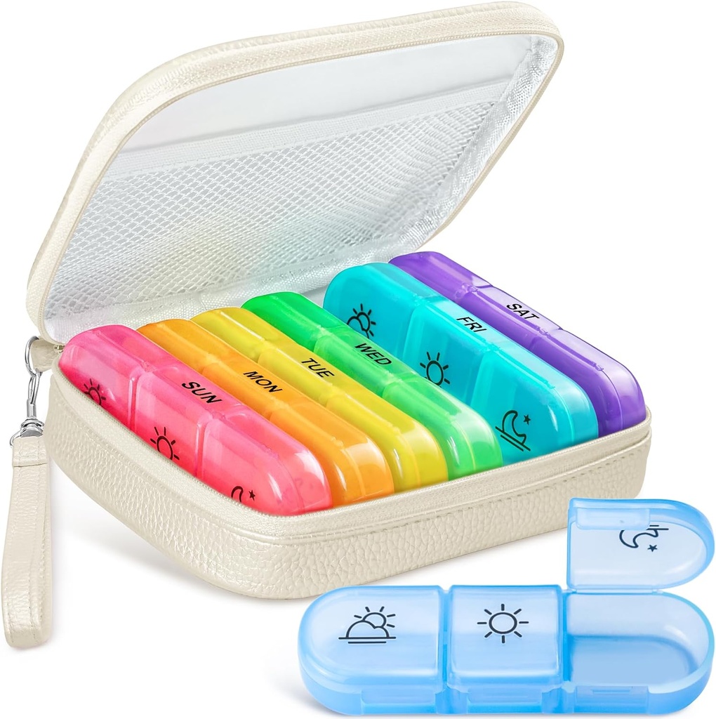 Χαριτωμένο Pill Organizer 3 φορές την ημέρα, Μεγάλη υπόθεση ημερήσιων χαπιών για τις γυναίκες, Φορητό κουτί χαπιών 7 ημέρα για την γούνα με τσάντα & Zipper να κρατήσει βιταμίνες, φάρμακα, ιχθυέλαια, συμπληρώματα (Beige)