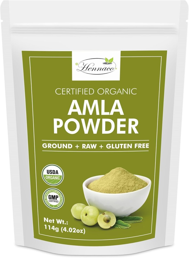 hennaco Organic Amla Powder| Amla Powder for Cooking, Smoothies, and Juices | Resealable Zip Lock Pouch | USDA Organic| Pure & Natural Indian Gooseberry Powder| 114 Grams (4 OZ)
