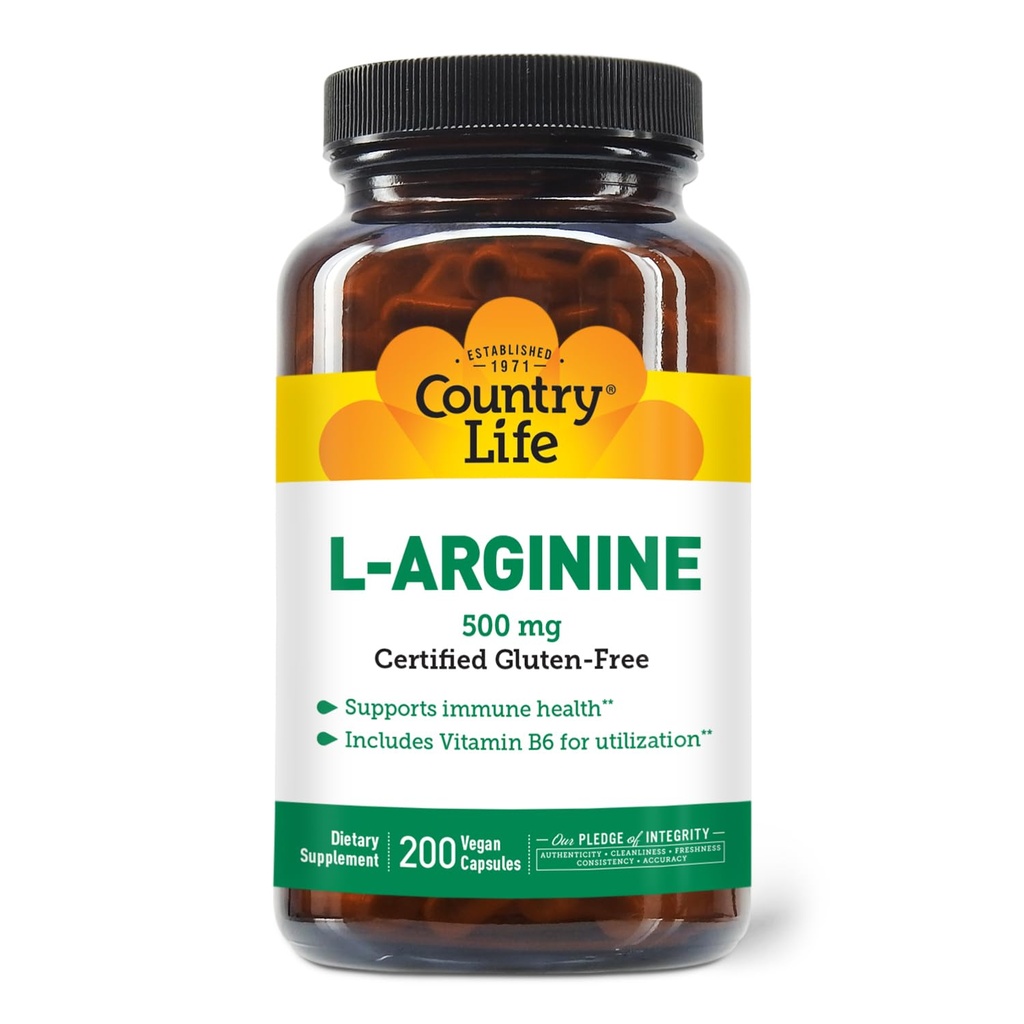 Country Life L-Arginine Caps με βιταμίνη B-6, 500mg, 200 Vegan Caps, Certified Gluten Free, Certified Vegan