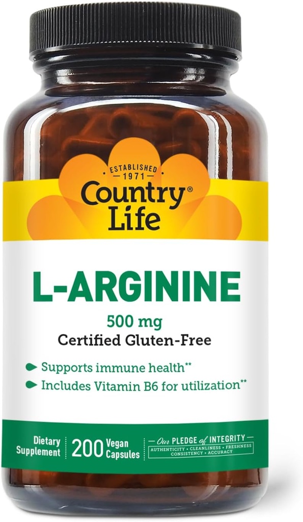 Country Life L-Arginine Caps με βιταμίνη B-6, 500mg, 200 Vegan Caps, Certified Gluten Free, Certified Vegan