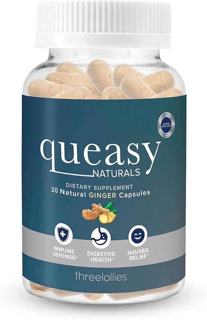 Three Lolies Queasy Naturals Ginger Κάψουλες - Μη-Νύχια Ναυτία Συμπλήρωμα ανακούφισης - Κίνηση Πρόληψη της Ασθένειας & Ναυτία ανακούφιση Κατά τη διάρκεια της χημειοθεραπείας - 1000mg Ginger Root - 30 Caps