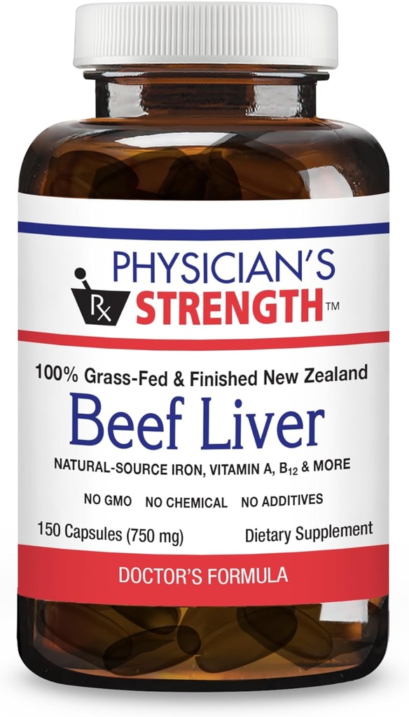 Physician's Strength Beef Liver - 150 Κάψουλες - Φυσική πηγή σιδήρου, βιταμίνης Α & Β12 - 100% Grass Fed - Μη ΓΤΟ & Χωρίς Πρόσθετα - 30 Μερίδες