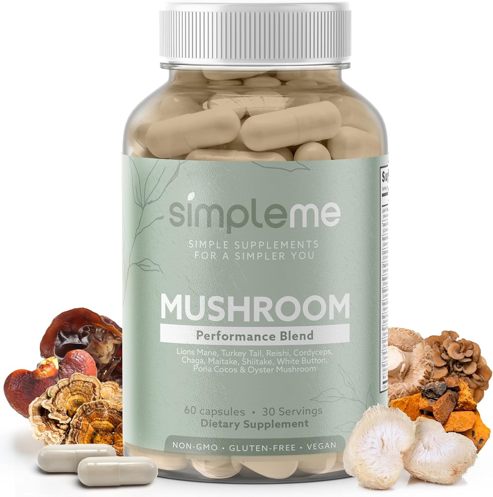 Simpleme Multi-Mushroom Supplement - Complex for Brain, Immune Support, Nootropics - Performance Blend with Lions Mane, Turkey Tail, Reishi, Cordyceps, Chaga, Maitake, Shiitake, and More - 60 Κάψουλες