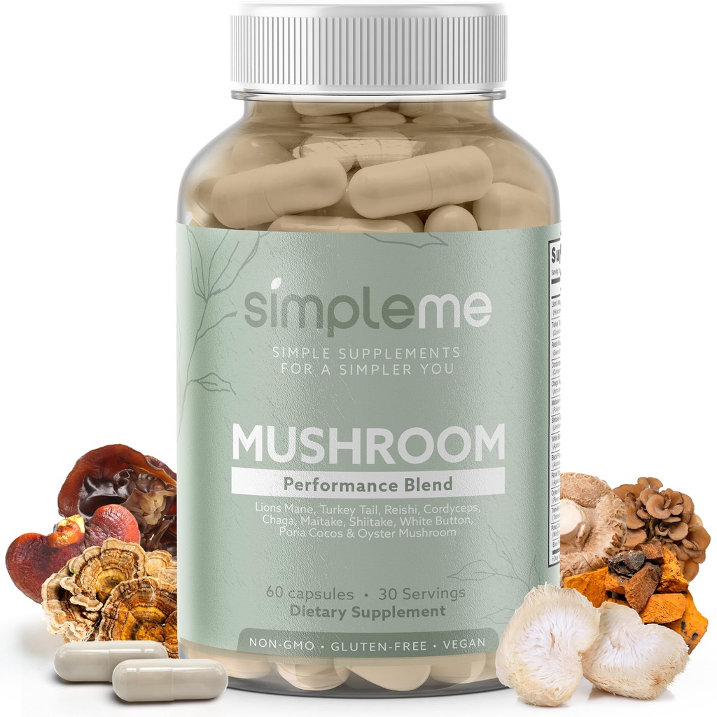 Simpleme Multi-Mushroom Supplement - Complex for Brain, Immune Support, Nootropics - Performance Blend with Lions Mane, Turkey Tail, Reishi, Cordyceps, Chaga, Maitake, Shiitake, and More - 60 Κάψουλες