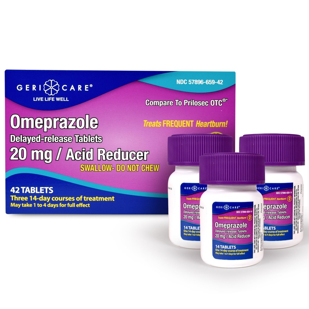 GeriCare Omeprazole Δισκία καθυστερημένης αποδέσμευσης 20mg Χάπια μειωτήρα οξέος στομάχου για 24 ώρες Ανακουφιστική θεραπεία με αναρρόφηση οξέος για τη θεραπεία των συχνών δισκίων ανακούφισης από εγκαύματα (42 Count)