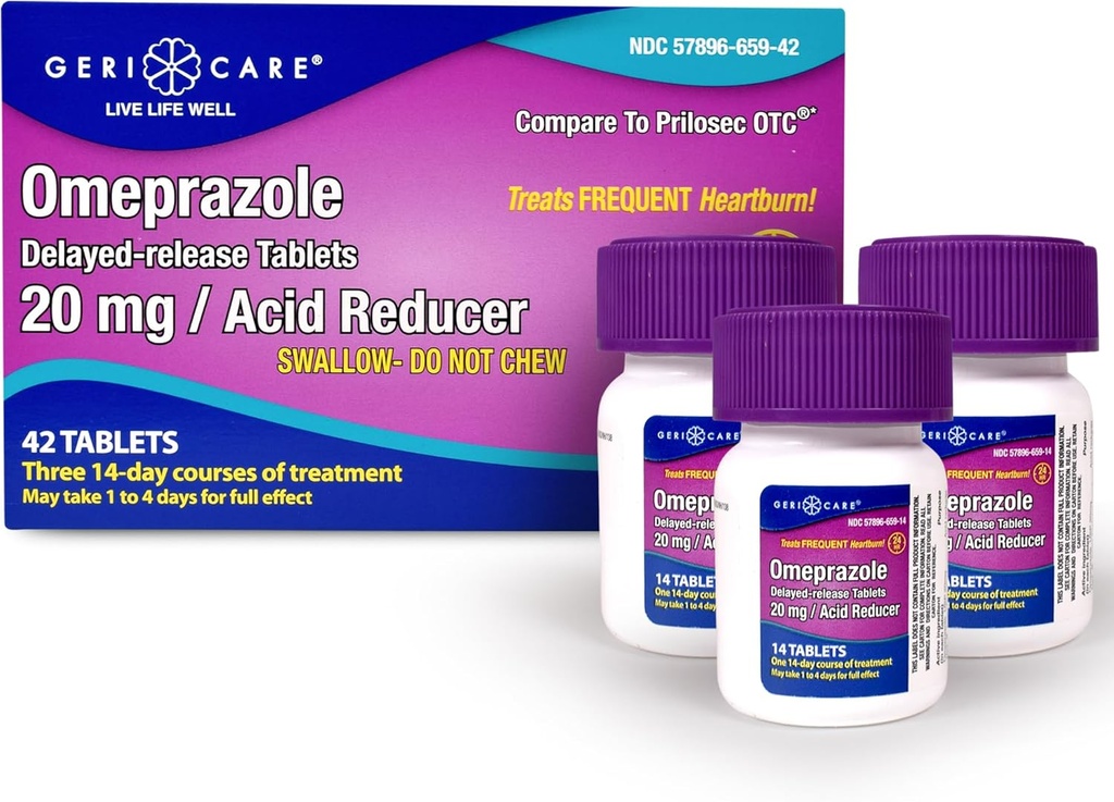 GeriCare Omeprazole Delayed Release Tablets 20mg Stomach Acid Reducer Pills for 24 Hour Heartburn Relief- Acid Reflux Medicine to Treat Frequent Heartburn- Anti-Acid Relief Tablets (42 Count)