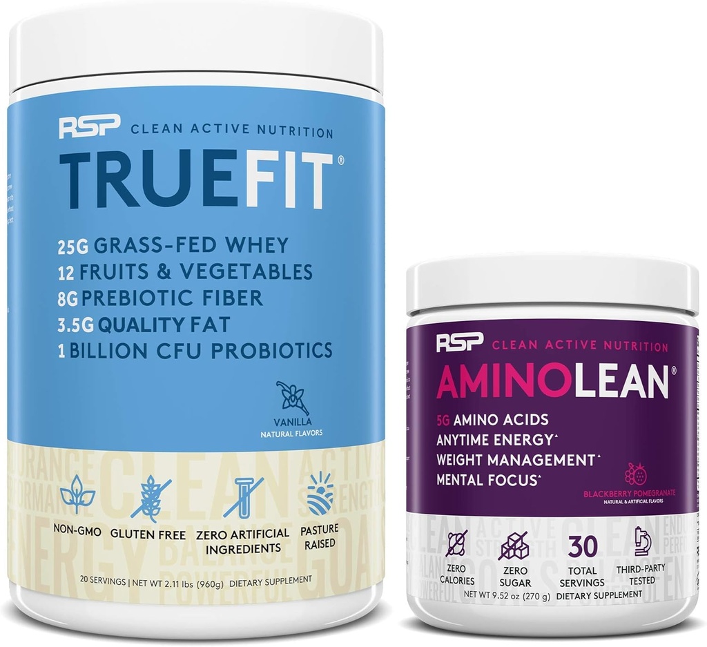 RSP NUTRITION AminoLean Pre Education Energy (Μαύρο μούρο Ρόδι 30 Σερβίρει) με TrueFit Protein Powder (Vanilla 2 LB)