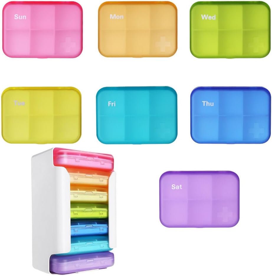 7 Piece Set Pill Organizer 6 φορές την ημέρα, Weekly Pill Case, Hill Organizer with Labels, Travel Pill Dispenser 7 Day with 42 Copartments for Medication/Vitamin/Fish Oil/Supplements - Χρώματα Ουράνιου Τόξου