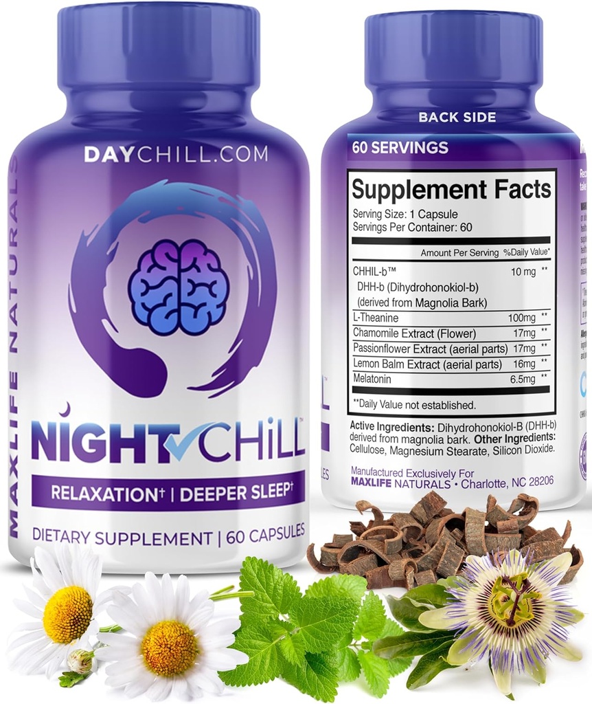Night Chill Sleep Supplement – 60 κάψουλες - Restful Sleep Support with DHH-B from Magnolia Bark and L-Theanine Supplement - Stress Calm Mood Support - χάπια ύπνου για ενήλικες από MaxLife Naturals