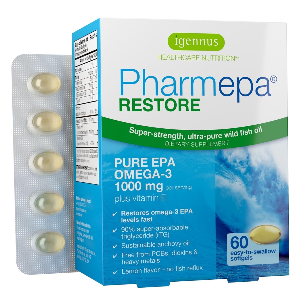 Igennus Pharmepa Επαναφορά, καθαρό EPA 1000mg, Ωμέγα 3 rTG ιχθυέλαιο, IFOS Πιστοποιημένο, Υψηλή Απορρόφηση, 90% Συγκέντρωση Τριπλή Δύναμη, Άγρια & Βιώσιμη, Λεμονάδα Γεύση, 1-Month Supply, 60 Softgels