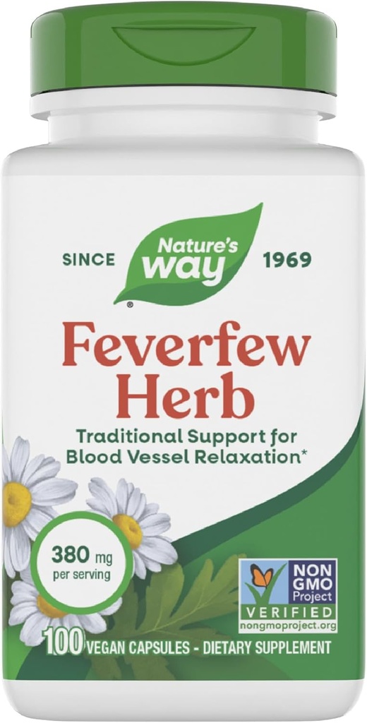 Nature's Way Feverfew Herb, Traditional Support for Blood Vessel Relaxation*, 380 mg per Serving, Non-GMO Project Verified, 100 Vegan Feverfew Capsules (Packaging May Vary)