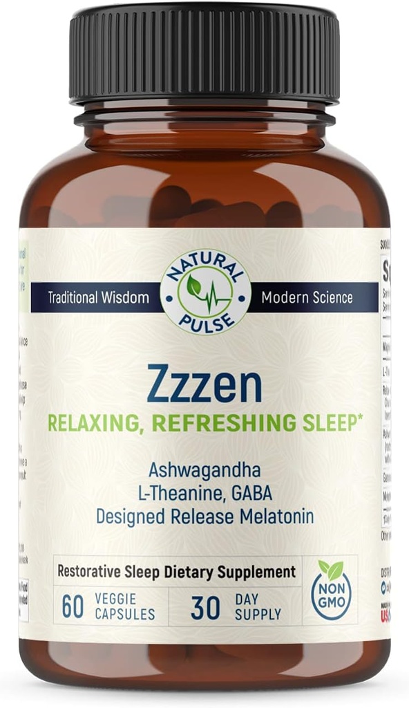 Zzzen, Refreshing Refreshing Sleep, Ανακουφίζει άγχος και βελτιώνει Mood, L-Θεανίνη, Ashwagandha, GABA, Μελατονίνη με Βοτανική Blend, NonGMO, Sleep Aid & Συμπλήρωμα για Ενήλικες, 60 Caps