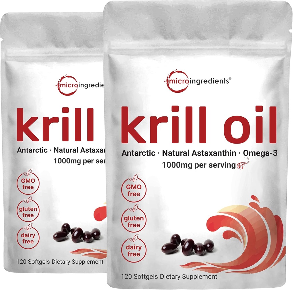 2 Pack Antarctic Krill Oil Supplement, 1000mg Per Serving, 120 Soft-Gels Each, Rich in Omega-3s, EPA, DHA & Astaxanthin, Supports Brain Health, Premium Krill Oil Capsules Liquid Softgels