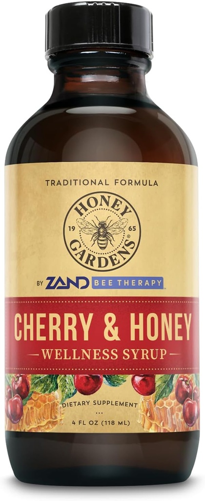 Honey Gardens Cherry & Honey Soothing Lroat Syrup, Apitherapy Formula with Organic Raw Honey, Organic Apple Cider Vinegar, Black Cherry, and Herbal Extracts, 24 Servings, 4 FL. OZ.
