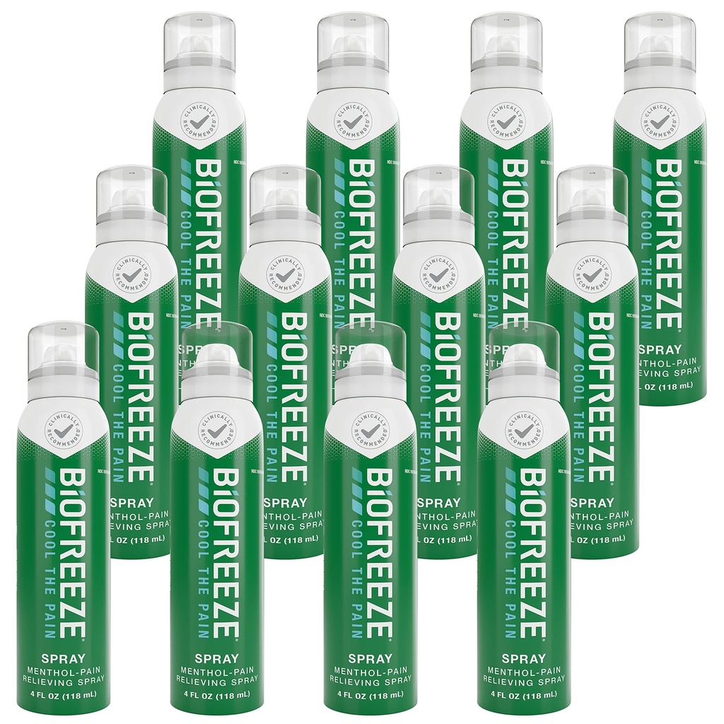 Biofreeze Menthol Pain Relieving Spray 4 FL OZ Άχρωμο Aerosol Spray (Pack of 12) για την ανακούφιση του πόνου που σχετίζονται με πονεμένους μυς, αρθρίτιδα, απλούς πόνους στην πλάτη, και κοινός πόνος (Packaging May Vary)