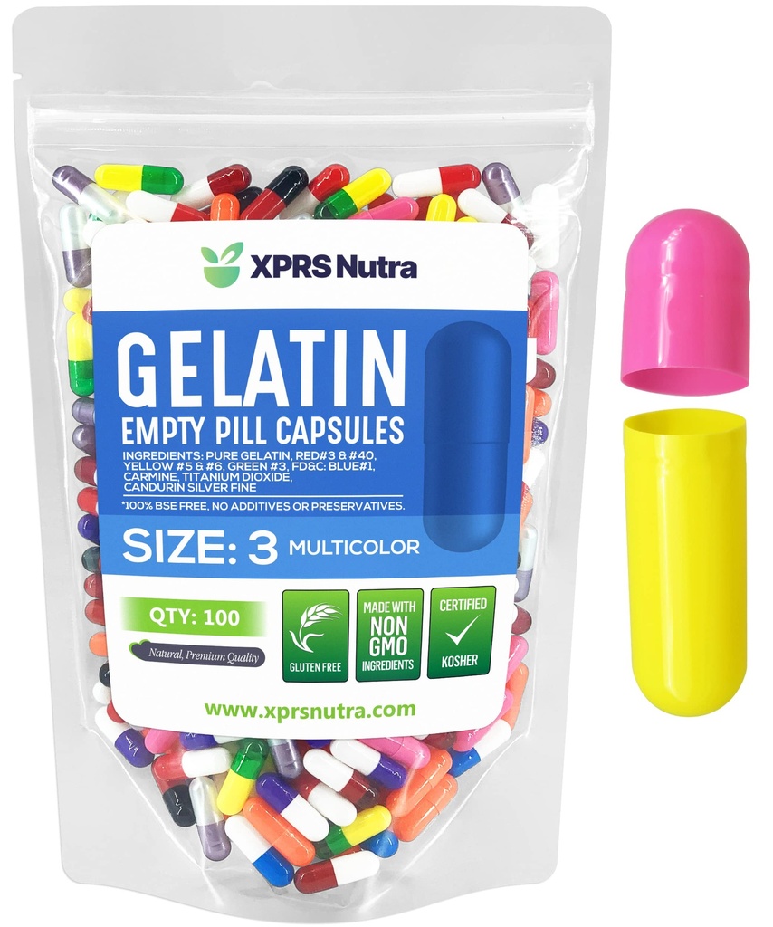 XPRS Nutra Μέγεθος 3 Κενές κάψουλες - 100 Count Empty Gelatin Κάψουλες - Χάπια DIY Καψάκιο πλήρωσης - Pure Bovine Pill Gel Caps for Do-It-Yourself Συμπληρώματα (Multi Color)