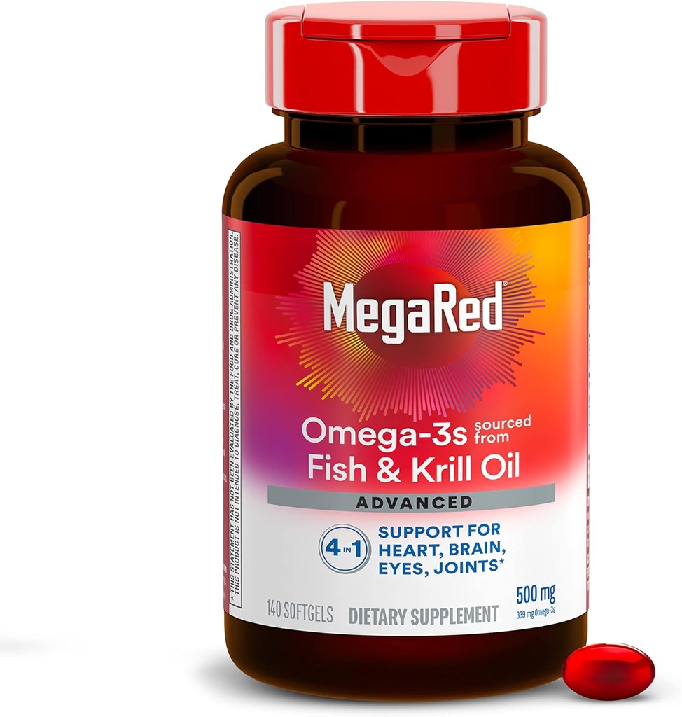 MegaRed Omega 3 Fish Oil Συμπλήρωμα + Krill Oil 500mg, Advanced 4in1 EPA & DHA Omega 3 Λιπαρά Οξέα Softgels (140cnt μπουκάλι), Φωσφολιπίδια, Υποστηρίζει Brain Eye Joint & Heart Health