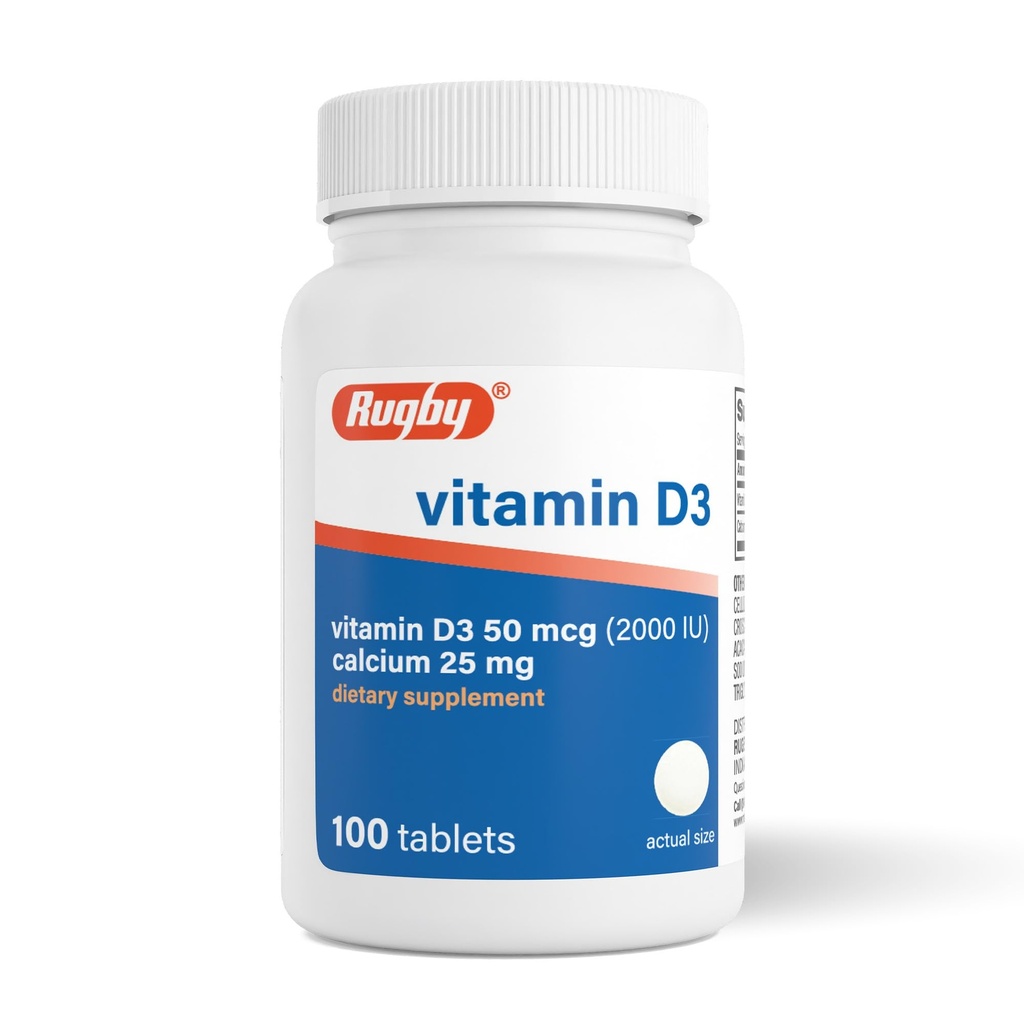 Rugby Vitamin D3 2000 IU (50 mcg) - Gluten- free Καθημερινή Βιταμίνη D Συμπλήρωμα διατροφής για οστά, δόντια και ανοσοποιητική υγεία 100 δισκία