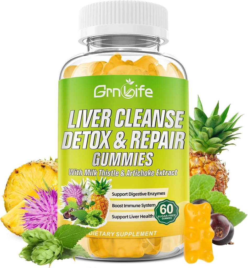 Liver Cleanse Detox & Repair Gummies with Milk Thittle 3000mg, 24-in-1 συμπλήρωμα υγείας ήπατος με Dandelion, Artichoke, Sugar Free Liver Detox Gummies, Ανανάς Γεύση - 60 Count