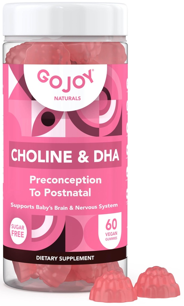 GOJOY NATURALS Prenatal Gummies with Choline & DHA - Preconception, Pregnancy & Postnatal Vitamins for Women - Choline 250mg + DHA 150mg - Vegan, Sugar-Free, Non-GMO
