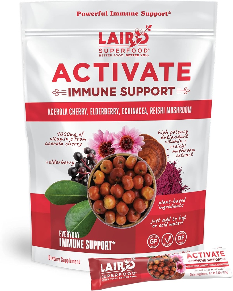 Laird Superfood Ενεργοποιήστε το συμπλήρωμα ανοσοϋποστήριξης Powder Drink, 1000 mg βιταμίνης C από Acerola Cherry, Elderberry, Echinacea και Reishi Mushroom, 7,75 Gram Stick, Συσκευασία των 10