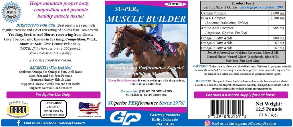 SU-PER Muscle Builder Horse Supplement - Training and Performance Support for Exercising Muscle - 12.5 Pound, 6 Month Supply