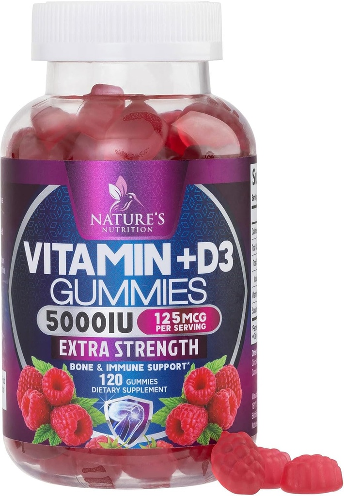 Συμπλήρωμα βιταμίνης D3 Gummy 5000 IU (125 mcg) Διαιτητικές Βιταμίνες D για άνδρες & γυναίκες - Οστέινα, δόντια, μύες και ανοσοποιητική υποστήριξη υγείας, υψηλής ισχύος VIT D3 Nature's Non-GMO & Gluten Free - 120 Gummies