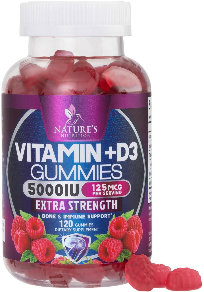 Συμπλήρωμα βιταμίνης D3 Gummy 5000 IU (125 mcg) Διαιτητικές Βιταμίνες D για άνδρες & γυναίκες - Οστέινα, δόντια, μύες και ανοσοποιητική υποστήριξη υγείας, υψηλής ισχύος VIT D3 Nature's Non-GMO & Gluten Free - 120 Gummies