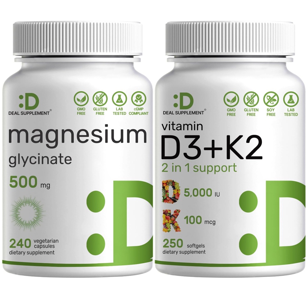 Μαγνήσιο Γλυκινικό 500mg Κάψουλες Veggie & Βιταμίνη D3 5.000iu + K2 100mcg Softgels Bundle – Εύκολα Απορροφώμενο Χηματοποιημένο Ορυκτό – D & K Ουσιώδεις Βιταμίνες Ηλιαχτίδας