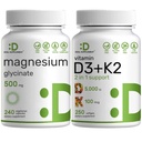 Magnesium Glycinate 500mg Veggie Capsules & Vitamin D3 5,000iu + K2 100mcg Softgels Bundle – Easily Absorbed Chelated Mineral – D & K Essential Sunshine Vitamins