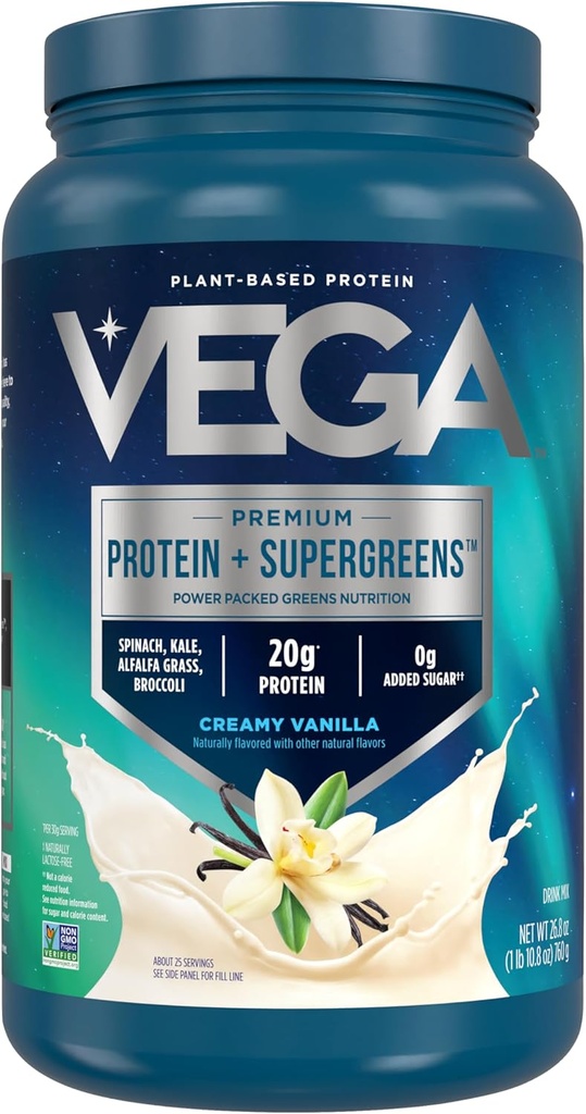 Vega Premium Protein + Supergreens - 20g Πρωτεΐνη, κρεμώδη βανίλια, 25 μερίδες, σπανάκι,Kale, Alfalfa Grass, Broccoli, 0g Προστιθέμενη ζάχαρη, μη ΓΤΟ, Χωρίς γλουτένη, Χωρίς γαλακτοκομικά, 1,68 lbs (Packaging May Vary)
