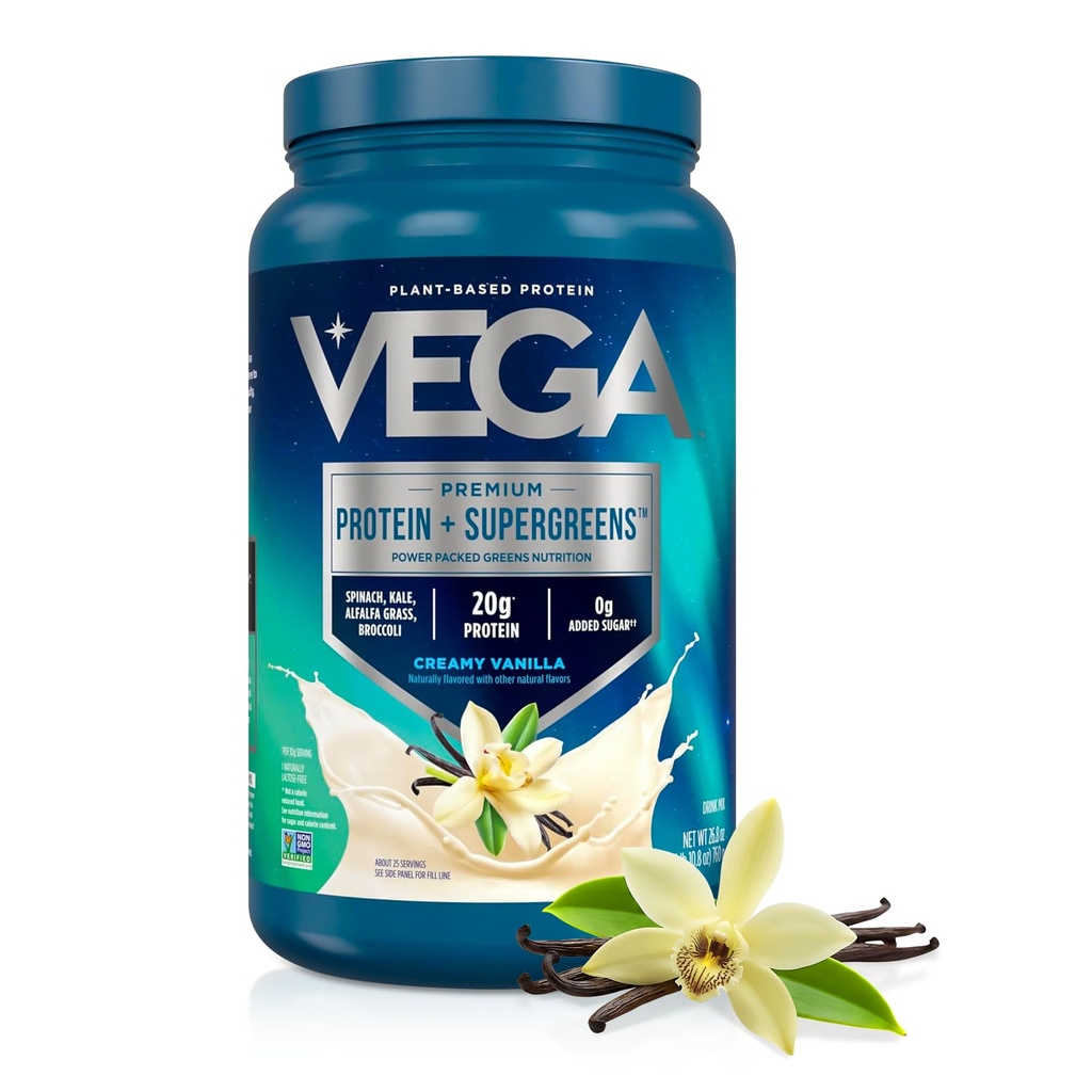 Vega Premium Protein + Supergreens - 20g Πρωτεΐνη, κρεμώδη βανίλια, 25 μερίδες, σπανάκι,Kale, Alfalfa Grass, Broccoli, 0g Προστιθέμενη ζάχαρη, μη ΓΤΟ, Χωρίς γλουτένη, Χωρίς γαλακτοκομικά, 1,68 lbs (Packaging May Vary)