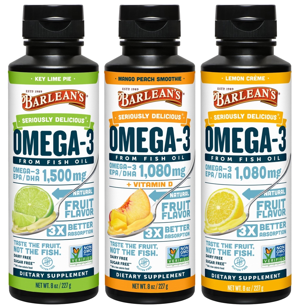 Barlean Omega 3 Fish Oil Liquid Supplement 3-Flavor Variety Pack για άνδρες και γυναίκες, EPA και DHA λιπαρά οξέα, περιλαμβάνει το βασικό Lime Pie, λεμόνι Crème και Mango Ροδάκινο Γεύσεις, 8 oz