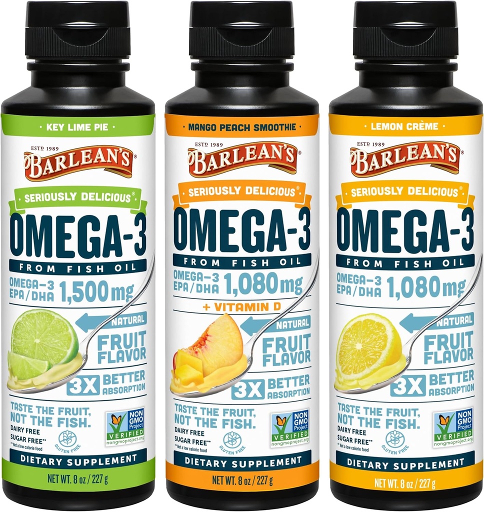 Barlean's Omega 3 Fish Oil Liquid Supplement 3-Flavor Variety Pack for Men and Women, EPA and DHA Fatty Acid, Includes Key Lime Pie, Lemon Crème and Mango Peach Flavors, 8 oz