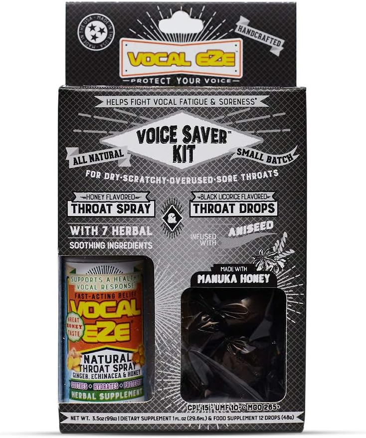 Vocal Eze Voice Saver Kit, περιλαμβάνει Φωνητικό βοτανικό λαρύγγι Spray (1) και (12) Manuka Honey Drops 