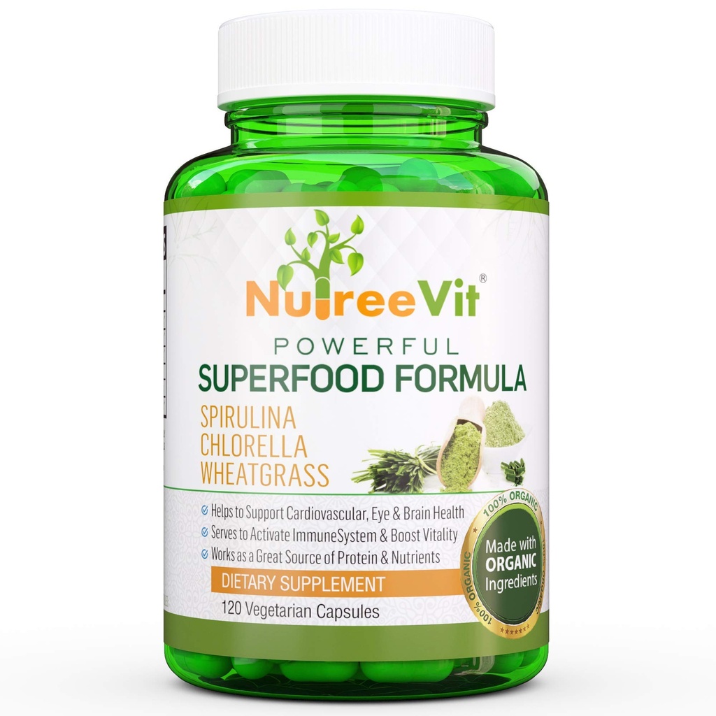 NutreeVit Pure 100% Βιολογική Spirulina + Chlorella + Wheatgrass - Ενεργειακός ενισχυτής, Ανοσοποιητική υποστήριξη, Ισχυρό Αντιοξειδωτικό Superfood - Κάψουλες Veggie 500mg
