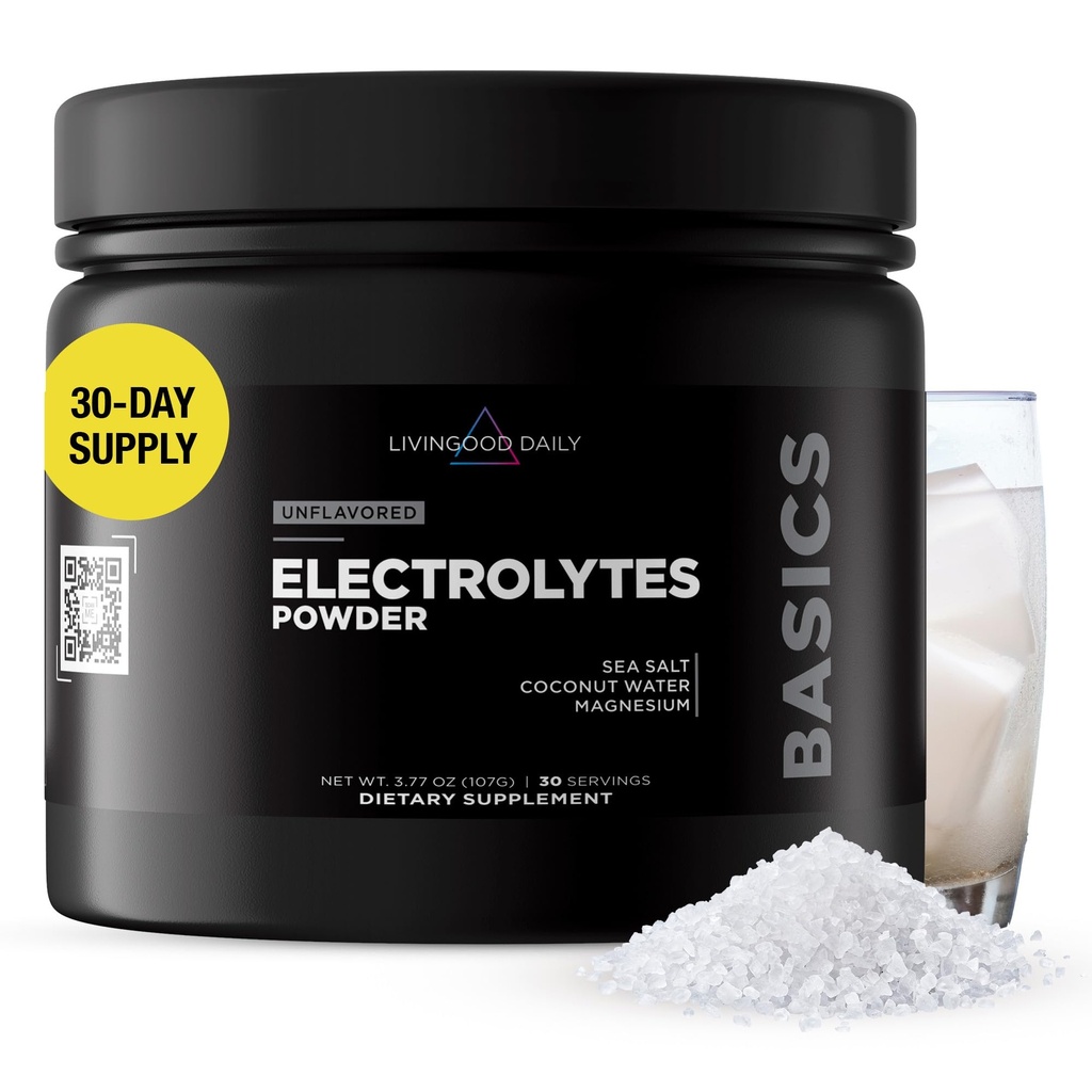 Livingood Daily Electrolytes Powder, Electrolytes Hydration Powder with Magensium, Pastium, Sea Salt and Coconut Νερό Ζάχαρη Δωρεάν Ηλεκτρολύτη Ποτό Mix, Keto, Χωρίς γλουτένη, Χωρίς γεύση, 30 Μερίδες