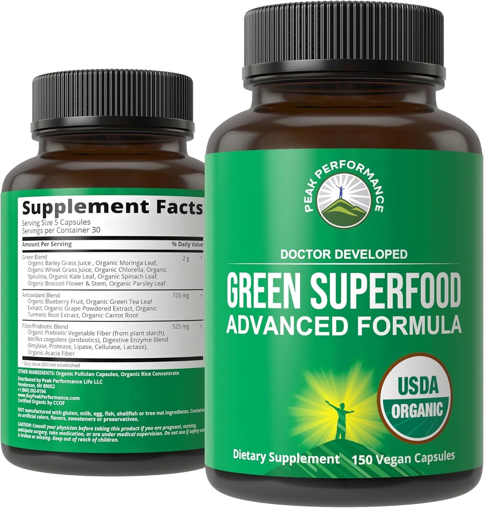 Βιολογικά Super Greens 150 Κάψουλες - Πράσινο χυμό Superfood συμπλήρωμα με 25 Όλα τα φυσικά βιολογικά συστατικά. Max Ενέργεια και Detox Σούπερ Χάπια Τροφίμων με Spirulina, Σπανάκι, Kale, Turmeric, Προβιοτικά