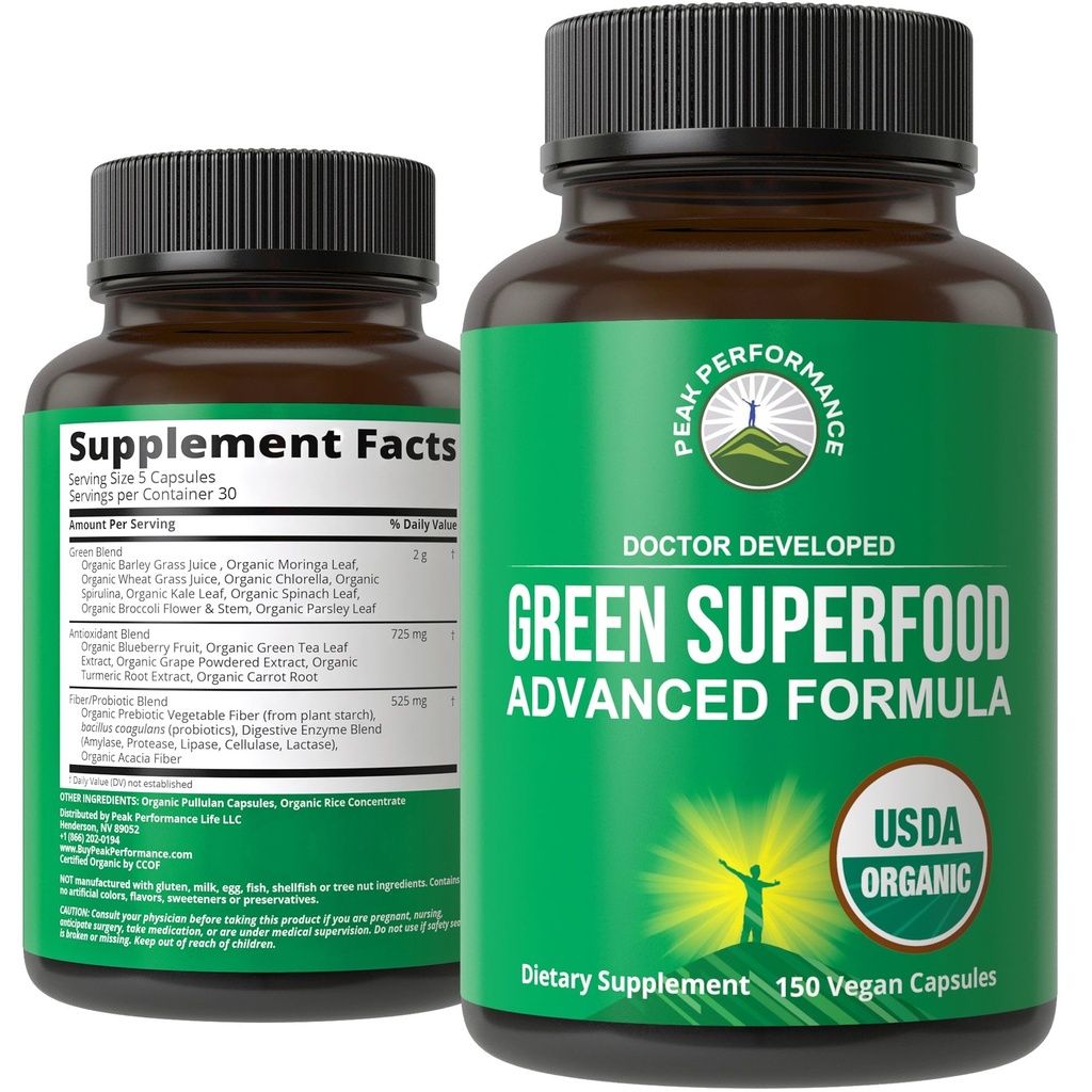 Βιολογικά Super Greens 150 Κάψουλες - Πράσινο χυμό Superfood συμπλήρωμα με 25 Όλα τα φυσικά βιολογικά συστατικά. Max Ενέργεια και Detox Σούπερ Χάπια Τροφίμων με Spirulina, Σπανάκι, Kale, Turmeric, Προβιοτικά