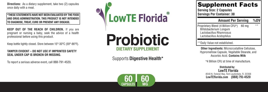 LowTE Florida® Probiotic Supplement - 60 Κάψουλες, 60mg, Probiotics για την Digestive Υγεία και την Ανοσολογική Υποστήριξη με Lactobacillus Acidophilus, Lactobacillus Rhamnosus & Bifidobacterium Longum