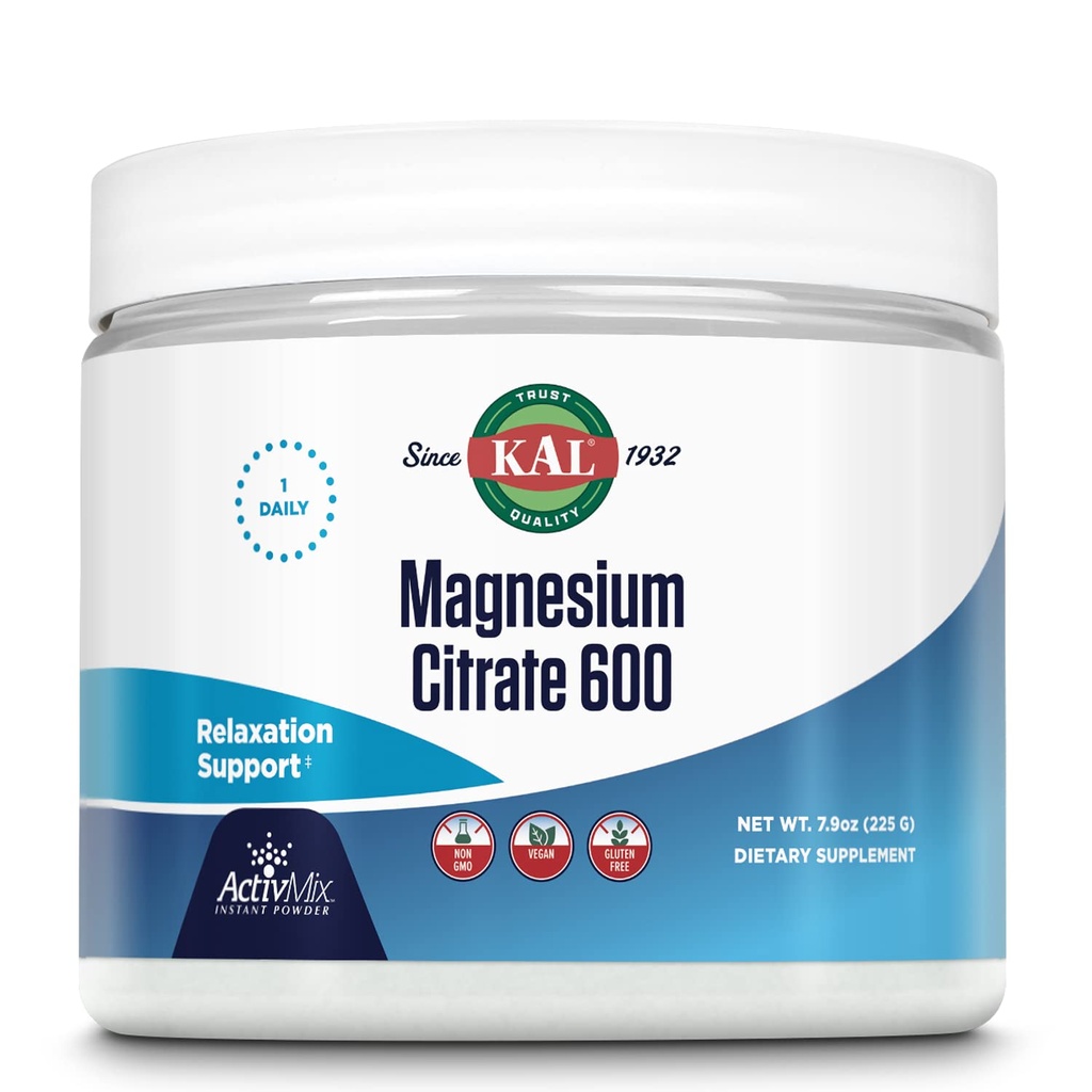 KAL Magnesium Citrate 600 mg ActivMix Instant Powder, συμπλήρωμα μαγνησίου για υγιή λειτουργία μυών, χαλάρωση, νεύρο και υποστήριξη κυκλοφορίας, Vegan, μη-GMO, Χωρίς γλουτένη, περίπου 60 Serv, 7.9oz