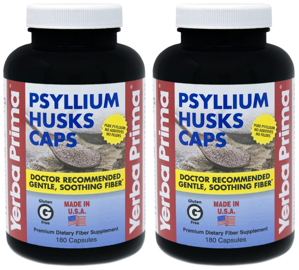 Yerba Prima Psyllium Husk Caps - 180 κάψουλες (Pack of 2) - Εύκολη στην κατάποση συμπλήρωμα ινών - καθαρισμός του παχέος εντέρου - Υγεία των ούρων - Χωρίς γλουτένη μη ΓΤΟ